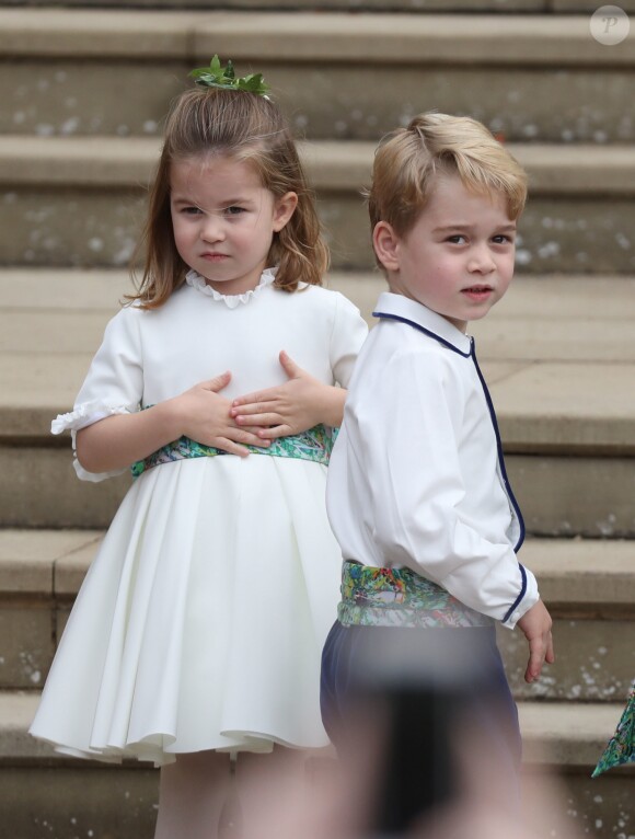 La princesse Charlotte de Cambridge et le prince George de Cambridge - Les invités arrivent à la chapelle St. George pour le mariage de la princesse Eugenie d'York et Jack Brooksbank au château de Windsor, Royaume Uni, le 12 octobre 2018.
