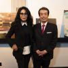 Yamina Benguigui avec Makoto Motonakano, président directeur général de l'hôtel Gajoen Tokyo, lors de l'événement A Museum Hotel of Japan Beauty célébrant à Paris le 90e anniversaire de l'hôtel Gajoen Tokyo, le 15 novembre 2018 à la Secret Gallery, rue de Varenne.