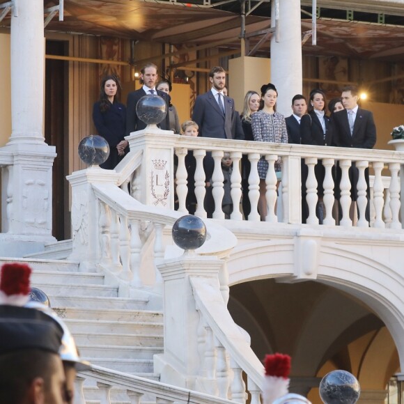 Tatiana Santo Domingo, son mari Andrea Casiraghi et leur fils Sacha, Beatrice Borromeo, son mari Pierre Casiraghi et leur fils Stefano, la princesse Alexandra de Hanovre, Pauline Ducruet et Louis Ducruet au palais princier à Monaco le 19 novembre 2018 lors des célébrations de la Fête nationale monégasque. © Dominique Jacovides/PRM/Bestimage