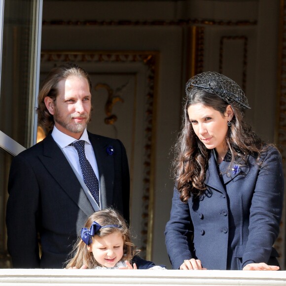 Andrea Casiraghi, sa femme Tatiana Santo Domingo et leur fille India au balcon du palais lors de la Fête nationale monégasque, à Monaco le 19 novembre 2018. © Dominique Jacovides/Bestimage