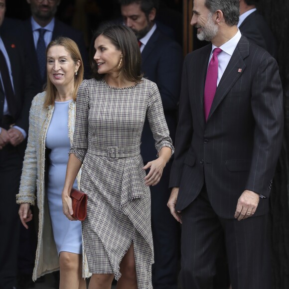 La reine Letizia d'Espagne portait une robe à carreaux Pedro Del Hierro le 19 novembre 2018 pour célébrer avec le roi Felipe VI le bicentenaire du musée du Prado, à Madrid, et inaugurer l'exposition événement créée pour l'occasion.