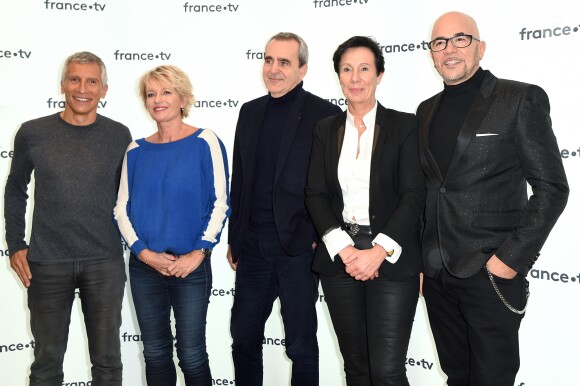 Nagui, Sophie Davant, Takis Candilis, Laurence Tiennot-Herment, présidente de l'Association française contre les myopathies, Pascal Obispo, parrain de l'édition 2018 du Téléthon lors de la conférence de presse du Téléthon 2018 dans les locaux de France Télévision à Paris le 8 novembre 2018. © Giancarlo Gorassini / Bestimage