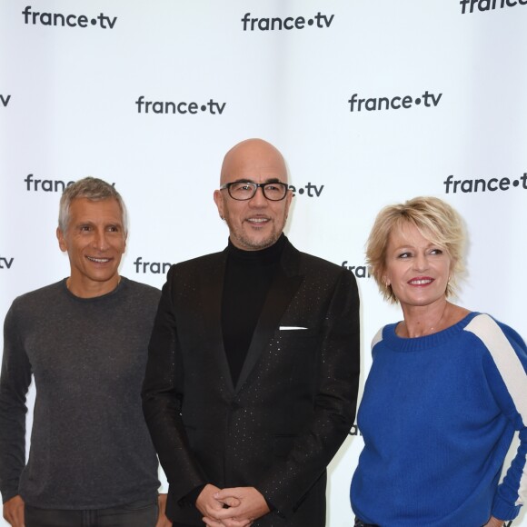 Nagui, Pascal Obispo, parrain de l'édition 2018 du Téléthon, Sophie Davant lors de la conférence de presse du Téléthon 2018 dans les locaux de France Télévision à Paris le 8 novembre 2018. © Giancarlo Gorassini / Bestimage