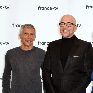 Nagui, Pascal Obispo, parrain de l'édition 2018 du Téléthon, Sophie Davant lors de la conférence de presse du Téléthon 2018 dans les locaux de France Télévision à Paris le 8 novembre 2018. © Giancarlo Gorassini / Bestimage