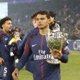 Marquinhos, Thiago Silva - Le PSG célèbre son titre de Champion de France 2018, après son match contre Rennes (0-2) au Parc des Princes à Paris, le 12 mai 2018. © Marc Ausset-Lacroix/Bestimage