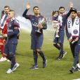 Marco Verratti, Neymar Jr., Thiago Silva, Kevin Trapp, Javier Pastore - Le PSG célèbre son titre de Champion de France 2018, après son match contre Rennes (0-2) au Parc des Princes à Paris, le 12 mai 2018. © Marc Ausset-Lacroix/Bestimage