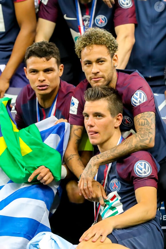 Thiago Silva, Neymar et Giovani Lo Celso - Finale de la Coupe de France opposant le club de Vendée les Herbiers Football (VHF) au Club du Paris Saint-Germain (PSG) au Stade de France à Saint-Denis, Seine Saint-Denis, France, le 9 mai 2018. Le PSG a gagné 2-0.