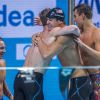 Caeleb Dressel, Kevin Cordes, Nathan Adrian et Matt Grevers aux championnats du monde de natation à Budapest. Le 30 juillet 2017.