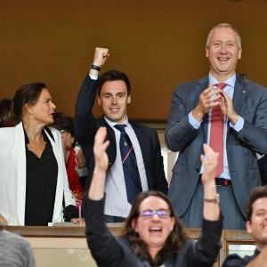 La princesse Stéphanie de Monaco, Louis Ducruet, Vadim Vasilyev et le prince Albert II de Monaco réunis le 12 mai 2018 pour la dernière rencontre de Ligue 1 à domicile pour Monaco au stade Louis II, contre l'AS Saint-Etienne. © Bruno Bebert/Bestimage