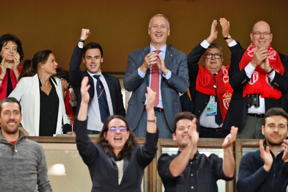 La princesse Stéphanie de Monaco, Louis Ducruet, Vadim Vasilyev et le prince Albert II de Monaco réunis le 12 mai 2018 pour la dernière rencontre de Ligue 1 à domicile pour Monaco au stade Louis II, contre l'AS Saint-Etienne. © Bruno Bebert/Bestimage