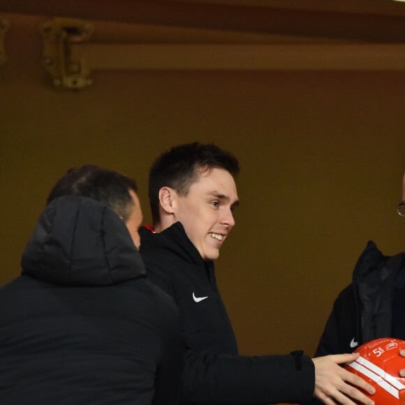 Louis Ducruet entre Vadim Vasilyev, le vice-président de l'ASM, et le prince Albert II de Monaco durant la rencontre de football de Ligue 1 opposant Monaco à Lille au stade Louis II le 16 mars 2018. © Bruno Bebert/Bestimage