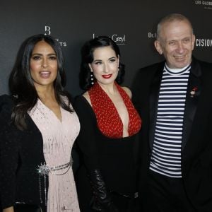 Salma Hayek (1er Globe d'Honneur International), Dita von Teese et Jean-Paul Gaultier arrivent à la 14ème cérémonie des Globes de Cristal, à la salle Wagram à Paris, le 4 février 2019. © Marc Ausset-Lacroix/Bestimage