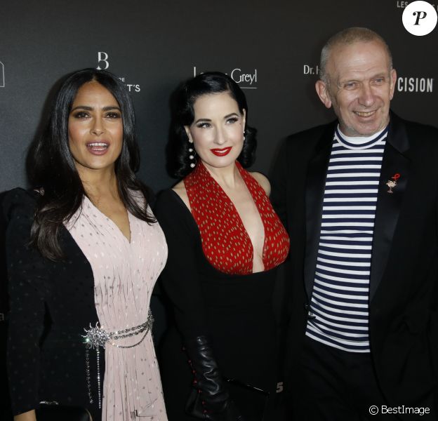 Salma Hayek (1er Globe d'Honneur International), Dita von Teese et Jean-Paul Gaultier arrivent à la 14ème cérémonie des Globes de Cristal, à la salle Wagram à Paris, le 4 février 2019. © Marc Ausset-Lacroix/Bestimage