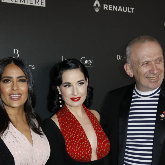 Salma Hayek (1er Globe d'Honneur International), Dita von Teese et Jean-Paul Gaultier arrivent à la 14ème cérémonie des Globes de Cristal, à la salle Wagram à Paris, le 4 février 2019. © Marc Ausset-Lacroix/Bestimage