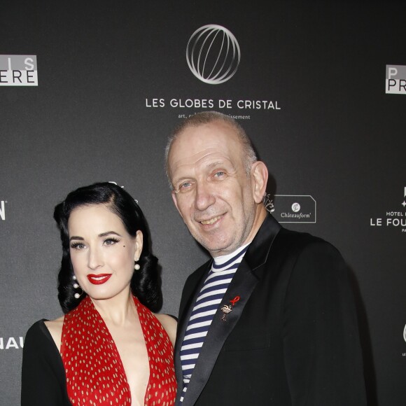 Dita von Teese et Jean-Paul Gaultier arrivent à la 14ème cérémonie des Globes de Cristal, à la salle Wagram à Paris, le 4 février 2019. © Marc Ausset-Lacroix/Bestimage