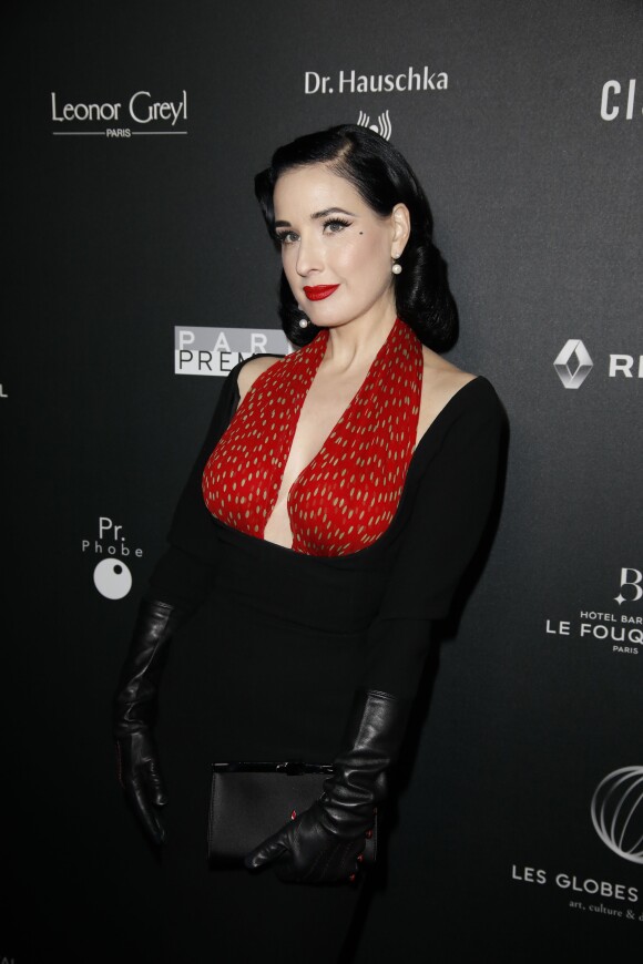 Dita von Teese arrive à la 14ème cérémonie des Globes de Cristal, à la salle Wagram à Paris, le 4 février 2019. © Marc Ausset-Lacroix/Bestimage