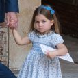 La princesse Charlotte de Cambridge au baptême de son frère le prince Louis de Cambridge, troisième enfant du prince William et de la duchesse Catherine, le 9 juillet 2018 en la chapelle royale du palais St James à Londres.