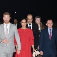 Le prince Harry, duc de Sussex, et Meghan Markle, duchesse de Sussex, enceinte, arrivent à l'aéroport de Casablanca dans le cadre de leur voyage officiel au Maroc, le 23 février 2019.
