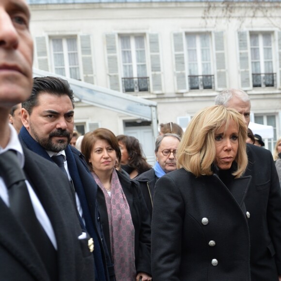 La Première Dame Brigitte Macron lors des obsèques de Michel Legrand en la cathédrale orthodoxe Saint-Alexandre-Nevsky à Paris, le 1er février 2019.