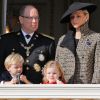 Le prince Albert II de Monaco, sa femme Charlene et leurs enfants, la princesse Gabriella et le prince Jacques - La famille princière de Monaco au balcon du palais lors de la fête nationale monégasque, à Monaco. Le 19 novembre 2018. © Dominque Jacovides / Bestimage