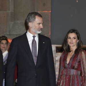 Le roi Felipe VI et la reine Letizia (robe Intropia) d'Espagne prenaient part le 19 mars 2019 à la remise des Prix de la Culture espagnole 2017 au musée du Prado à Madrid.