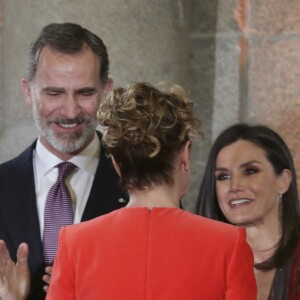 Le roi Felipe VI et la reine Letizia (robe Intropia) d'Espagne prenaient part le 19 mars 2019 à la remise des Prix de la Culture espagnole 2017 au musée du Prado à Madrid.