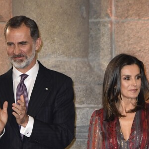 Le roi Felipe VI et la reine Letizia (robe Intropia) d'Espagne prenaient part le 19 mars 2019 à la remise des Prix de la Culture espagnole 2017 au musée du Prado à Madrid.