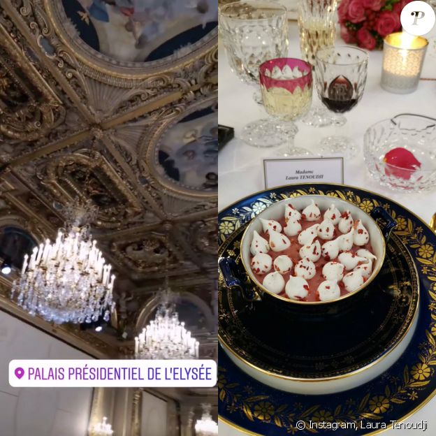 Laura Tenoudji filme la salle des fêtes de l'Elysée et nous dévoile l'un des plats du dîner d'Etat en l'honneur du président chinois - Paris, le 25 mars 2019.