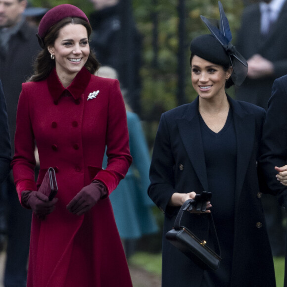 Catherine Kate Middleton, la duchesse de Cambridge et Meghan Markle, la duchesse de Sussex enceinte - La famille royale britannique se rend à la messe de Noël à l'église Sainte-Marie-Madeleine à Sandringham, le 25 décembre 2018.