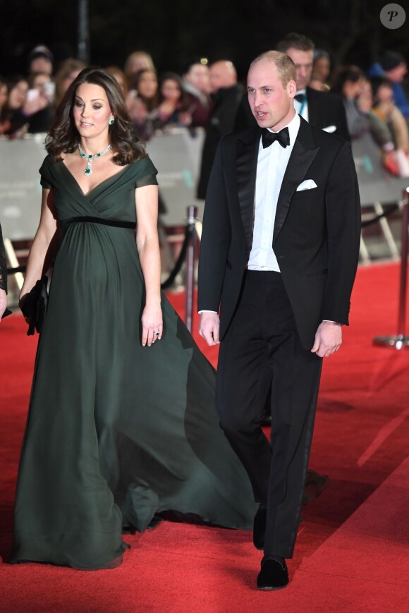 Le prince William, duc de Cambridge, et Catherine (Kate) Middleton, duchesse de Cambridge, (enceinte), à la 71ème cérémonie des British Academy Film Awards (BAFTA) au Royal Abert Hall à Londres, le 18 février 2018.