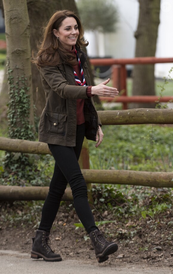 Catherine (Kate) Middleton, duchesse de Cambridge, se rend au siège des scouts de Gilwell Park pour en apprendre davantage sur leur nouvelle organisation et leur mode de vie. Londres, le 28 mars 2019