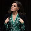 La reine Letizia d'Espagne (robe Sandro) en visite au monastère de l'Incarnation à Madrid le 10 avril 2019 pour découvrir les aménagements réalisés pour l'accessibilité aux personnes en situation de handicap.