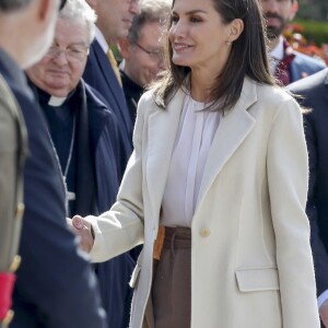 La reine Letizia d'Espagne en visite à Lerma dans la province de Burgos le 11 avril 2019 pour l'inauguration de l'exposition "Angeli" de la fondation "Las Edades del Hombre".