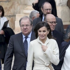 La reine Letizia d'Espagne en visite à Lerma dans la province de Burgos le 11 avril 2019 pour l'inauguration de l'exposition "Angeli" de la fondation "Las Edades del Hombre".