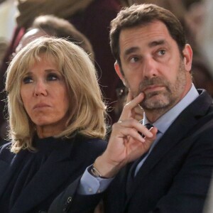 La première Dame Brigitte Macron et Christophe Castaner, ministre de l'intérieur lors de la messe chrismale, l'une des célébrations de la semaine sainte précédant Pâques, qui aurait dû être dite par Monseigneur Aupetit à Notre-Dame, à l'église Saint-Sulpice de Paris, France, le 17 avril 2019. © Stéphane Lemouton/Bestimage