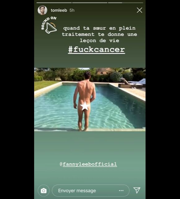 Tom Leeb pose les fesses à l'air sur Instagram pour soutenir sa soeur Fanny, atteinte d'un cancer. Avril 2019.