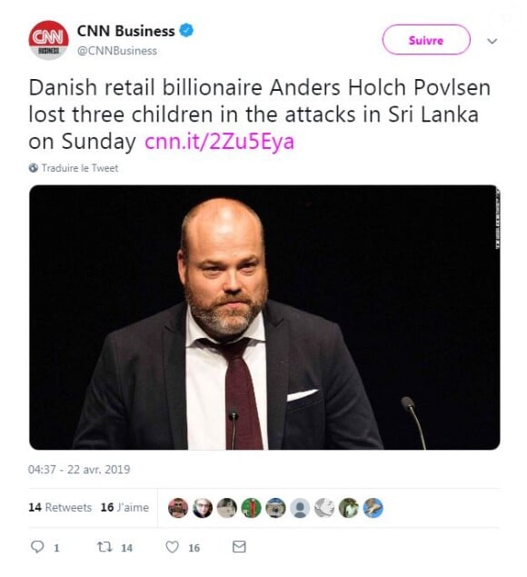 Les médias annoncent le 22 avril 2019 que l'homme d'affaires danois Anders Holch Povlsen a perdu trois de ses enfants dans la vagie d'attentats qui a frappé le Sri Lanka le 21 avril. 