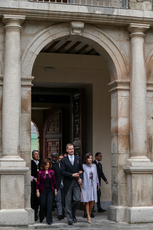 Le roi Felipe VI et la reine Letizia d'Espagne à l'Université d'Alcala de Henares à Madrid le 23 avril 2019 lors de la cérémonie de remise du prix Cervantes.