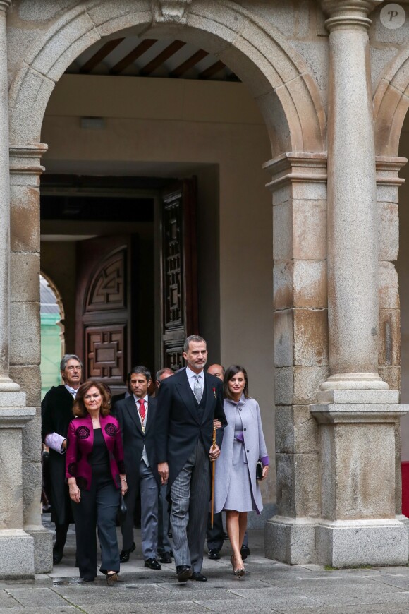 Le roi Felipe VI et la reine Letizia d'Espagne à l'Université d'Alcala de Henares à Madrid le 23 avril 2019 lors de la cérémonie de remise du prix Cervantes.