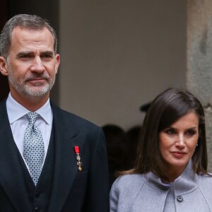 Le roi Felipe VI et la reine Letizia d'Espagne à l'Université d'Alcala de Henares à Madrid le 23 avril 2019 lors de la cérémonie de remise du prix Cervantes.