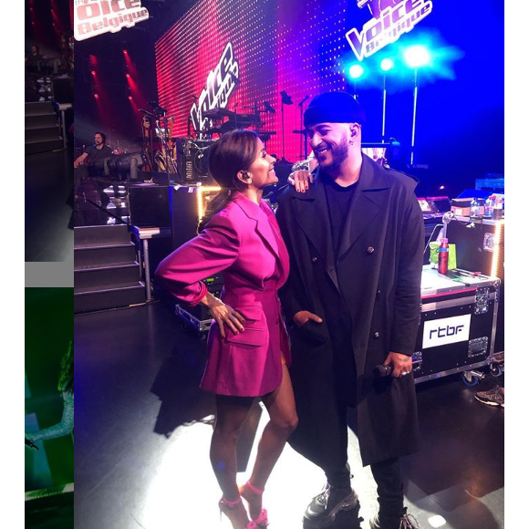 Jenifer en robe blazer XXL Jacquemus pour accompagner Slimane lors de la finale de "The Voice" Belgique, mardi 23 avril 2019.