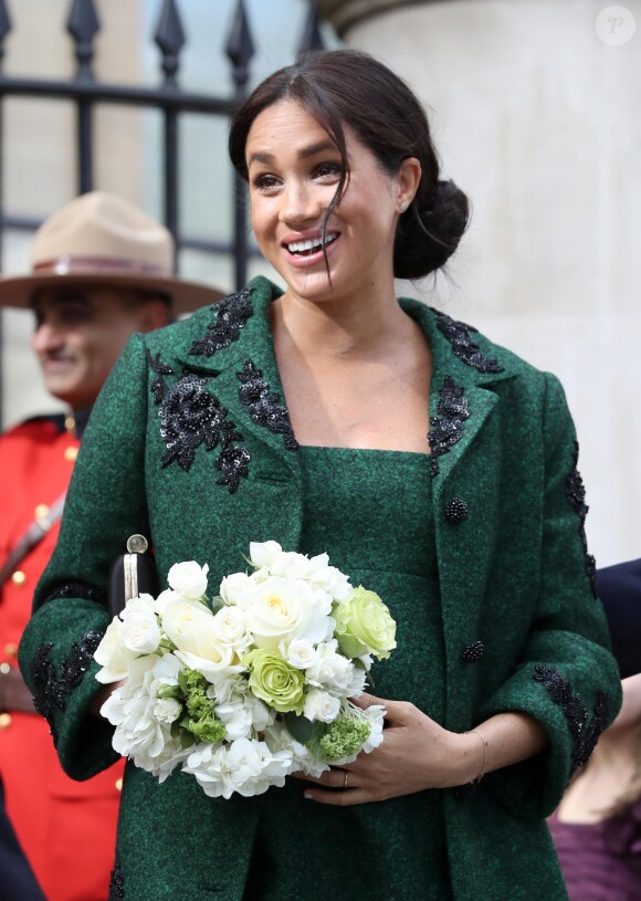Meghan Markle, enceinte, duchesse de Sussex, lors de sa visite à Canada House dans le cadre d'une cérémonie pour la Journée du Commonwealth à Londres le 11 mars 2019.