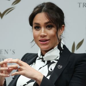 Meghan Markle (enceinte), duchesse de Sussex, lors d'une discussion conjointe avec le Trust The Queen's Commonwealth à l'occasion de la journée mondiale du droit des femmes. Londres, le 8 mars 2019