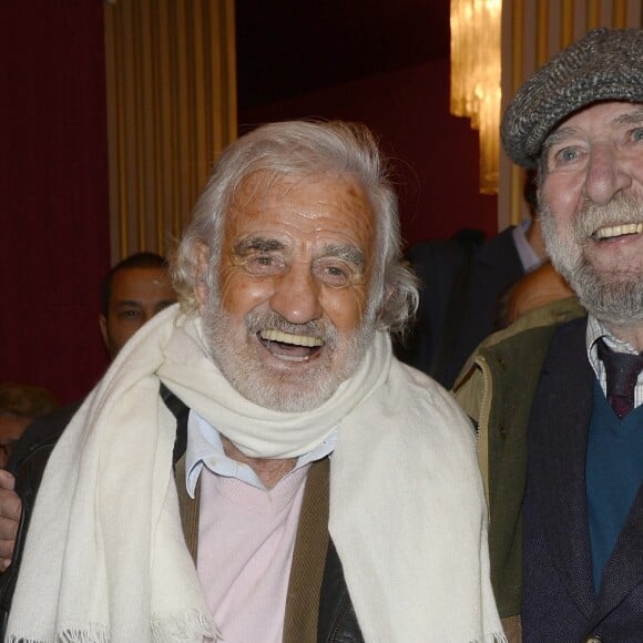 Jean-Paul Belmondo et Jean-Pierre Marielle à la générale de la pièce "A torts et à raison" au théâtre Hébertot à Paris le 25 janvier 2016. © Coadic Guirec/Bestimage