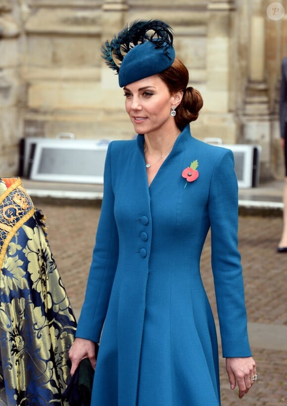Kate Catherine Middleton, duchesse de Cambridge, à la sortie du service commémoratif de l'ANZAC Day en l'abbaye de Westminster à Londres. Le 25 avril 2019