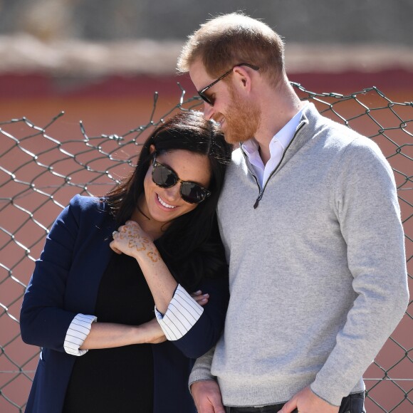 Le prince Harry, duc de Sussex, et Meghan Markle, duchesse de Sussex, enceinte visitent le "Lycée Qualifiant Grand Atlas"à Asni, dans le cadre de leur voyage officiel au Maroc, le 24 février 2019.