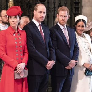 Catherine Kate Middleton, duchesse de Cambridge, le prince William, duc de Cambridge, le prince Harry, duc de Sussex, Meghan Markle, enceinte, duchesse de Sussex, le prince Charles, prince de Galles lors de la messe en l'honneur de la journée du Commonwealth à l'abbaye de Westminster à Londres le 11 mars 2019.