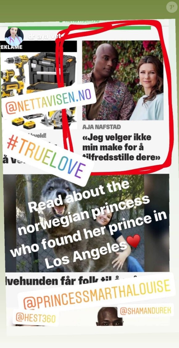 Story Instagram, le 13 mai 2019, du chaman Durek, relayant des articles de la presse scandinave sur son histoire d'amour avec la princesse Märtha-Louise de Norvège, officialisée la veille.