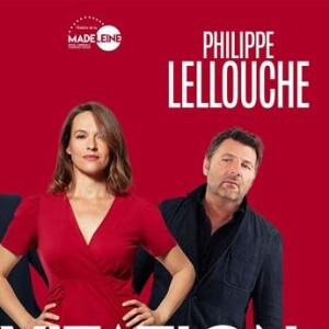 Affiche de la pièce de théâtre "L'invitation" avec Philippe Lellouche, Gad Elmaleh et Lucie Jeanne.