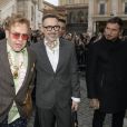 Elton John et son mari David Furnish arrivent au Musei Capitolini pour assister au défilé Gucci, collection croisière 2020. Rome, le 28 mai 2019.